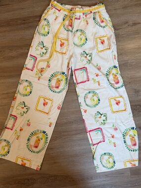 NWT Strut & Bolt Women's White Tropical Print Partially Lined Linen Blend Pants
